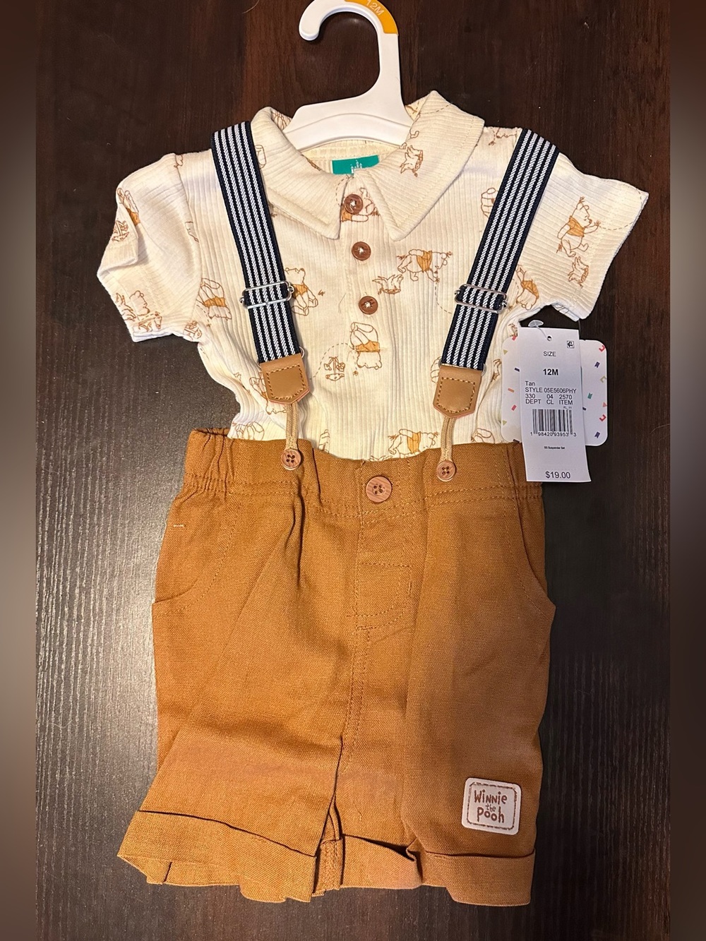 Disney Kids Cream Top with Brown Shorts and Navy Stripe Suspenders Matching Set